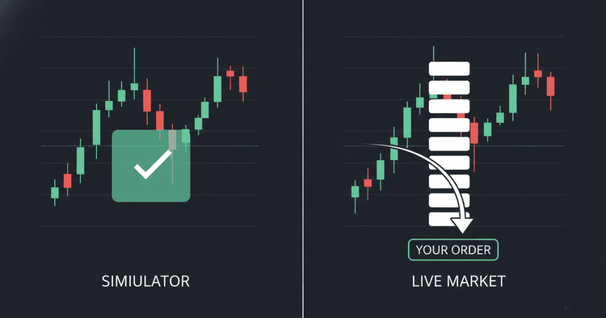 Split illustration contrasting a simulator's instant order fill confirmation on the left with a live exchange order queue showing a missed fill on the right.