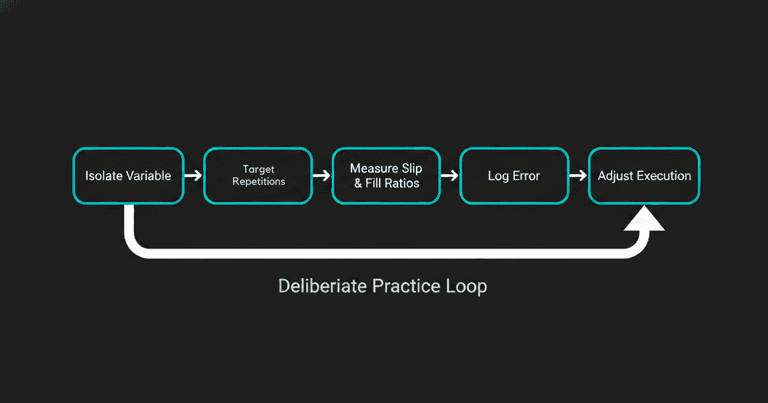 Linear five-step deliberate practice loop diagram for day trading showing boxes connected left to right: Isolate Variable, Target Repetitions, Measure Slip and Fill Ratios, Log Error, and Adjust Execution, with a return arrow running underneath back to the first step.