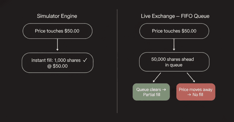 Two-column diagram comparing simulator order execution versus live exchange FIFO queue execution. The simulator column shows a price touch at $50.00 leading to an instant 1,000-share fill. The live exchange column shows the same price touch but routes through a 50,000-share queue, branching into either a partial fill or no fill if the price moves away.