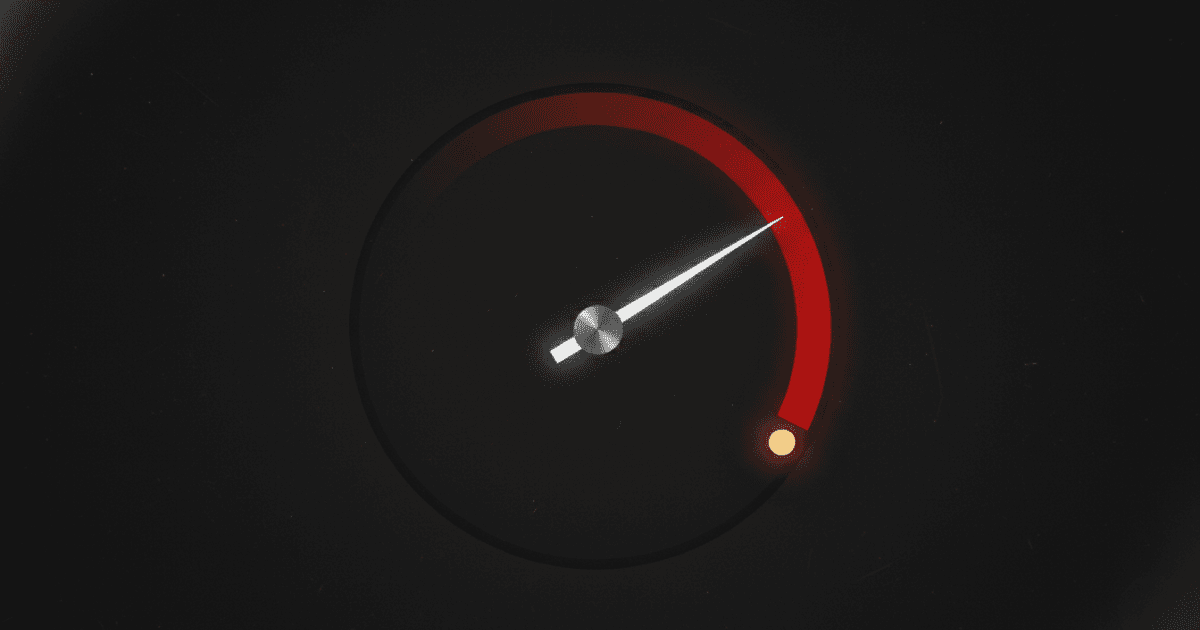 A dark-themed illustration of a minimal circular gauge with a deep red arc and a white needle resting at a pre-set threshold marker, set against a near-black background with a faint amber accent at the stopping point.