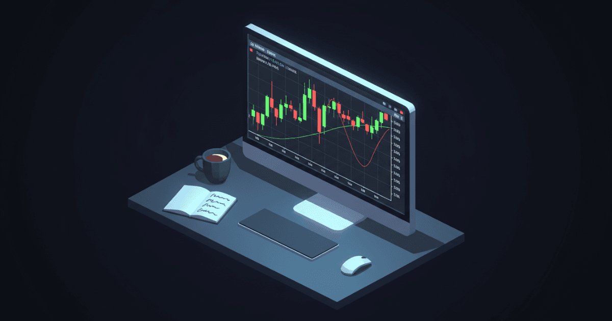 A low-polygon isometric illustration of an empty trading workstation on a deep charcoal desk. A monitor displaying a candlestick chart casts cool blue-white light across the scene, with an open notebook beside it and a coffee cup with an amber accent.