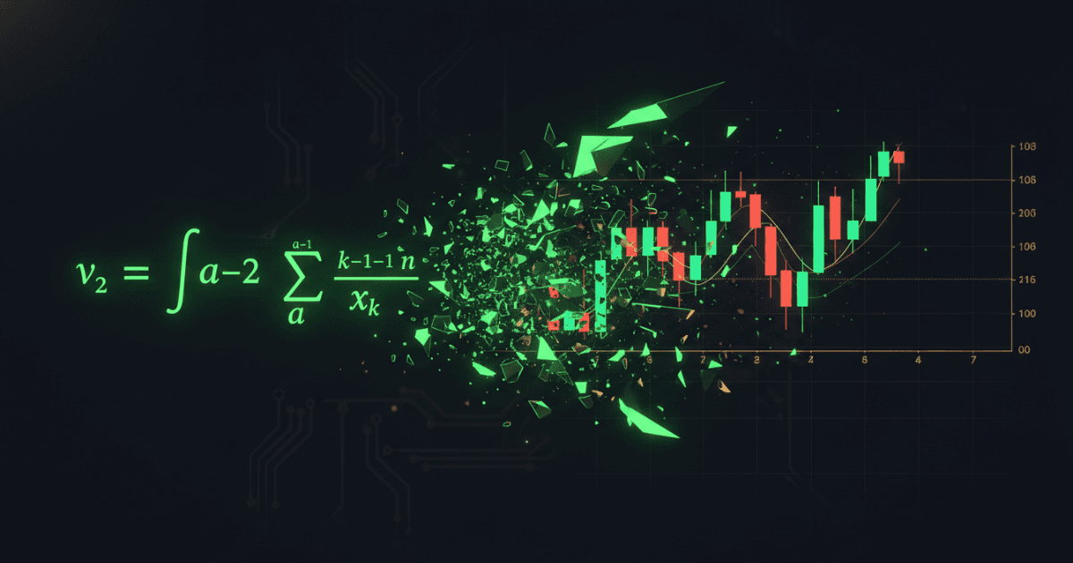 A minimalist dark-themed illustration showing a glowing mathematical formula breaking apart into structured trading chart elements like candlesticks and horizontal price levels. Composition is dynamic and flows from left to right. Lighting uses soft backlighting with sharp accents in neon green and amber. Style: modern data visualization with clean, sharp lines. Designed for display on a dark background.