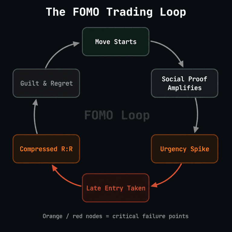 Circular flow diagram showing the six-stage FOMO trading loop: Move Starts, Social Proof Amplifies, Urgency Spike, Late Entry Taken, Compressed R:R, and Guilt and Regret, with arrows connecting each stage clockwise back to the start. Urgency Spike and Late Entry Taken nodes are highlighted in orange and red as the critical failure points.