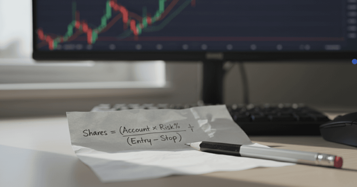 A handwritten position sizing formula on white paper beside a mechanical pencil on a trader's desk