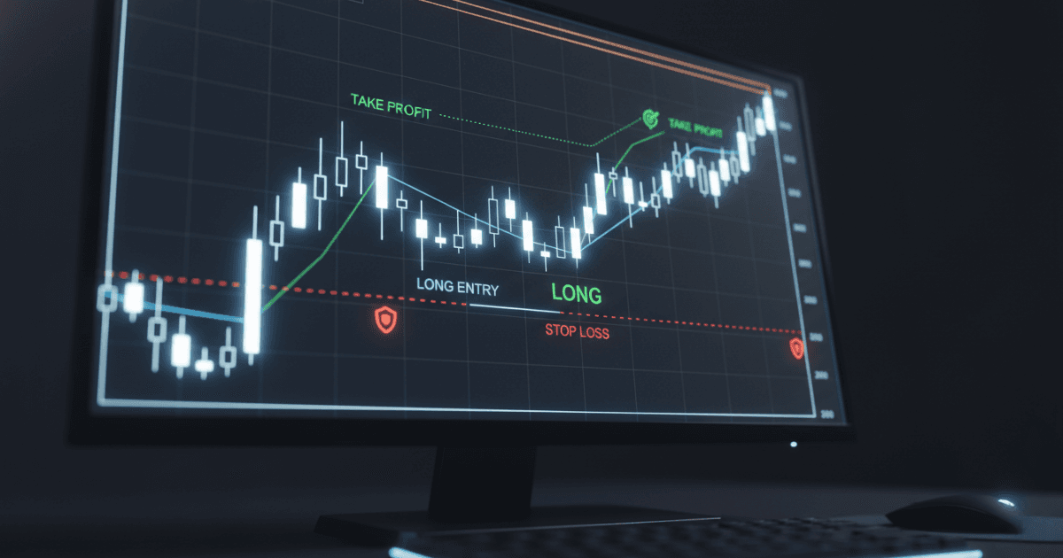 Dark-themed trading chart illustration showing a stop loss placed below a key support level, with a clean price chart, a highlighted risk zone, and visual emphasis on stop placement.