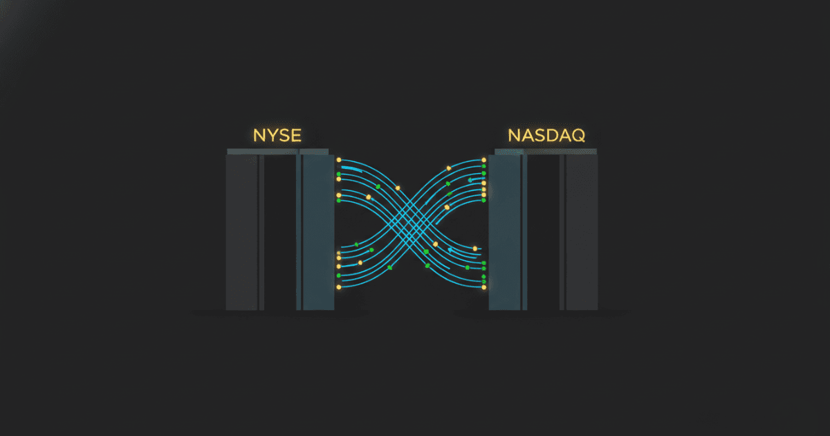 A dark-background illustration showing two abstract building facades labeled NYSE and Nasdaq side by side, connected by glowing electric blue data lines and gold-highlighted nodes flowing between them.