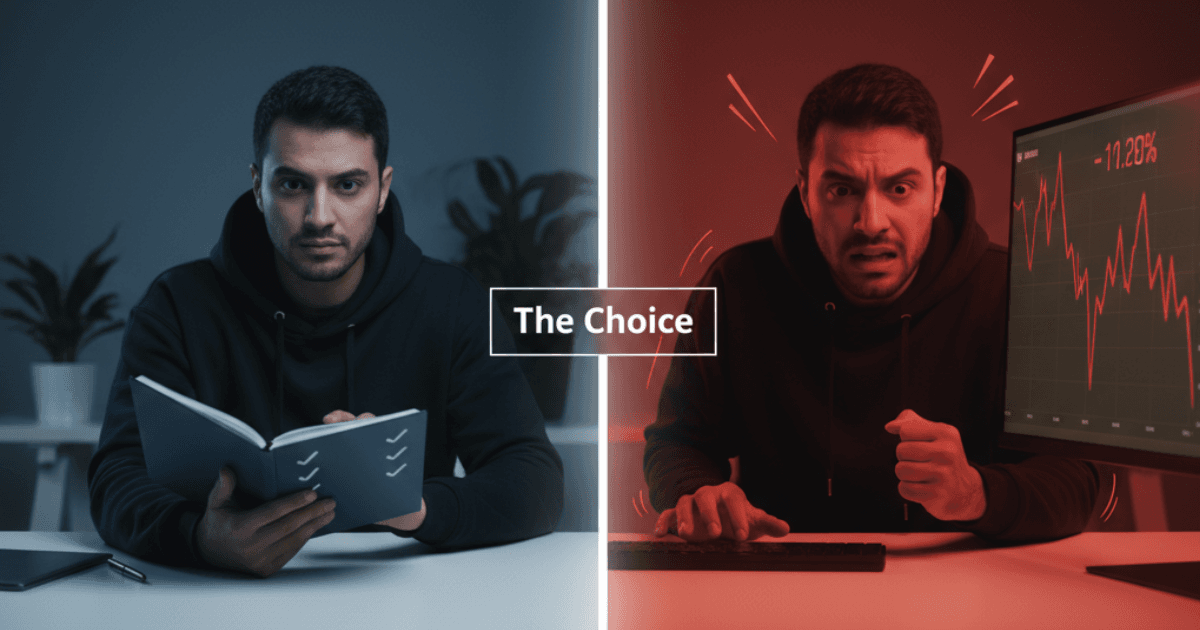 Split-screen illustration showing a trader at a desk: the left side depicts calm journal review with checkmarks in muted blue tones, while the right side shows tense posture chasing a losing position in saturated red. A vertical divider labeled 'The Choice' separates the two scenes.