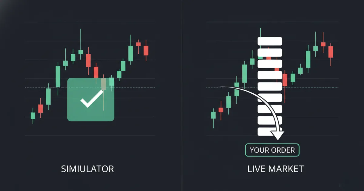 Split illustration contrasting a simulator's instant order fill confirmation on the left with a live exchange order queue showing a missed fill on the right.