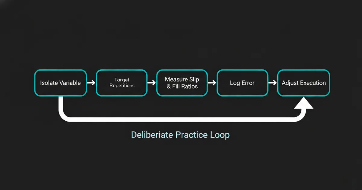 Linear five-step deliberate practice loop diagram for day trading showing boxes connected left to right: Isolate Variable, Target Repetitions, Measure Slip and Fill Ratios, Log Error, and Adjust Execution, with a return arrow running underneath back to the first step.