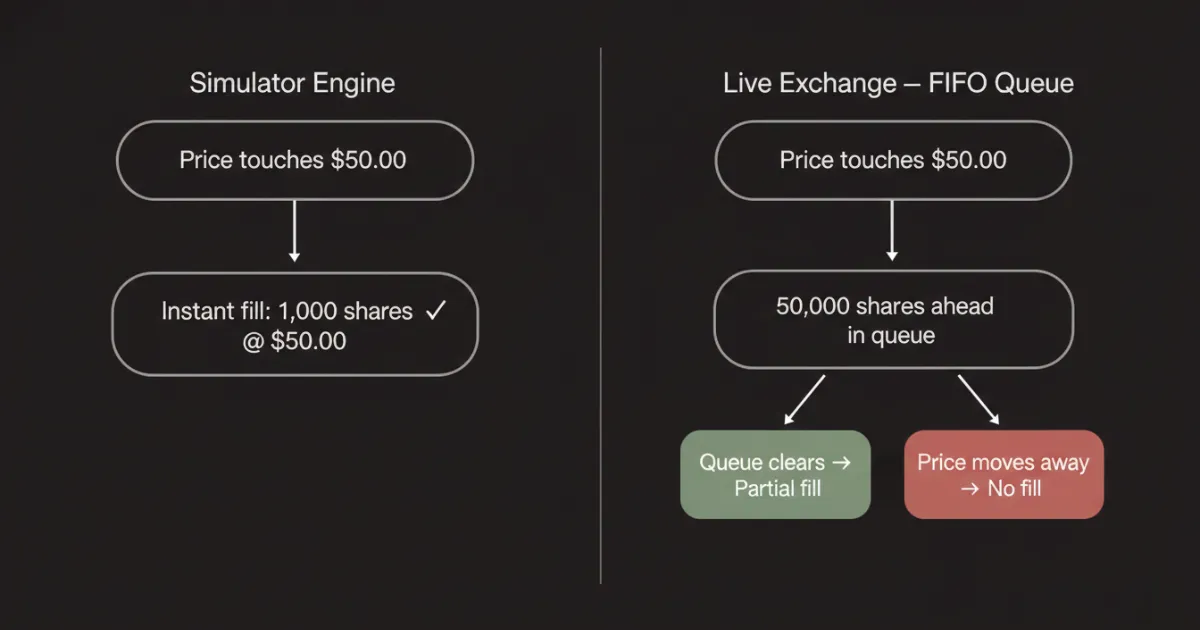 Two-column diagram comparing simulator order execution versus live exchange FIFO queue execution. The simulator column shows a price touch at $50.00 leading to an instant 1,000-share fill. The live exchange column shows the same price touch but routes through a 50,000-share queue, branching into either a partial fill or no fill if the price moves away.