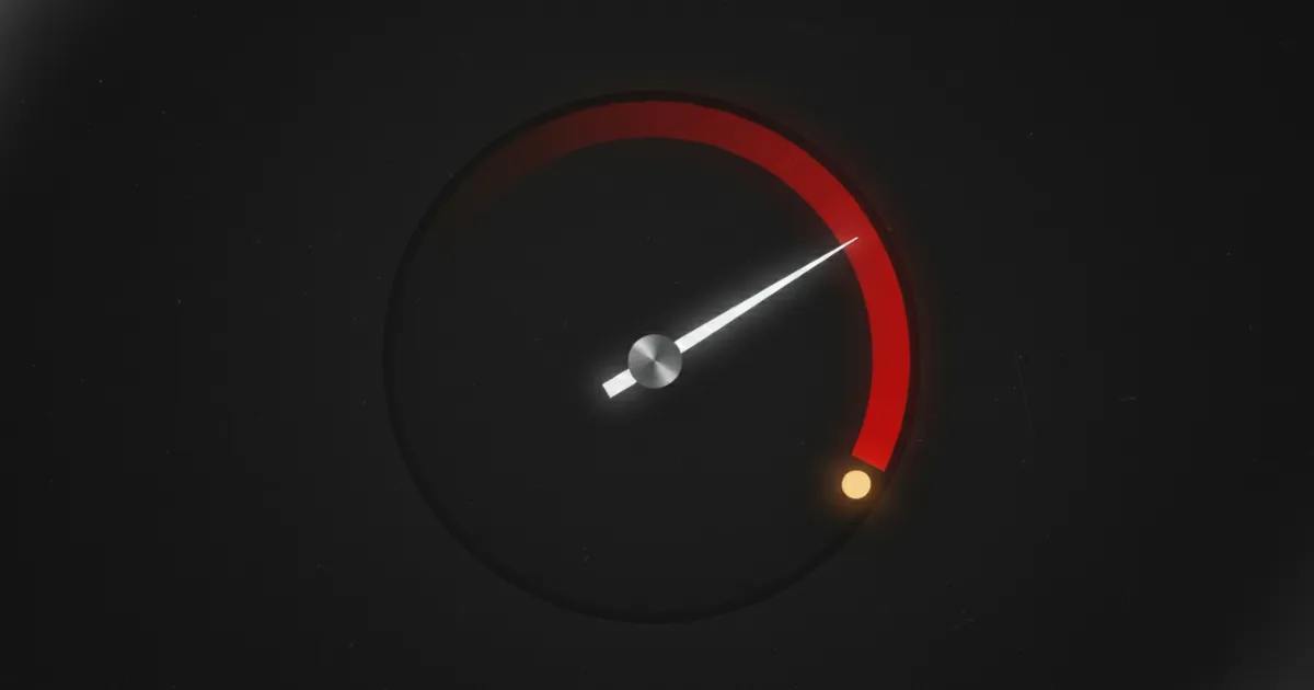 A dark-themed illustration of a minimal circular gauge with a deep red arc and a white needle resting at a pre-set threshold marker, set against a near-black background with a faint amber accent at the stopping point.