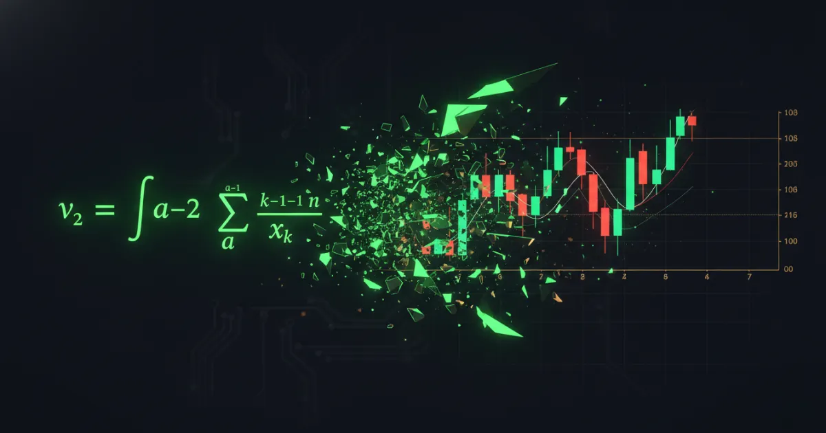 A minimalist dark-themed illustration showing a glowing mathematical formula breaking apart into structured trading chart elements like candlesticks and horizontal price levels. Composition is dynamic and flows from left to right. Lighting uses soft backlighting with sharp accents in neon green and amber. Style: modern data visualization with clean, sharp lines. Designed for display on a dark background.