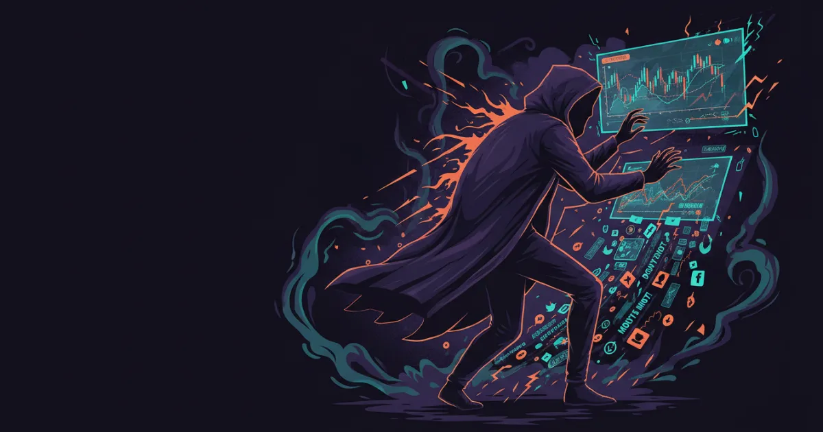 A dark illustration of a trader consumed by FOMO, reaching toward a spiking chart surrounded by social feed noise and gain alerts.