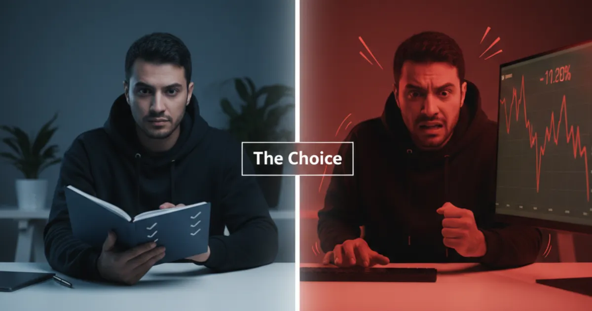 Split-screen illustration showing a trader at a desk: the left side depicts calm journal review with checkmarks in muted blue tones, while the right side shows tense posture chasing a losing position in saturated red. A vertical divider labeled 'The Choice' separates the two scenes.