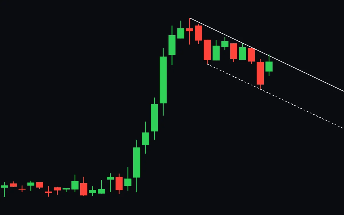 A solid line along the flag's highs and a dashed line along its lows, both sloping down, with the last candle's wick touching the upper line